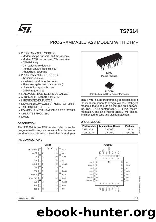 PROGRAMMABLE V.23 MODEM WITH DTMF by STMicroelectronics