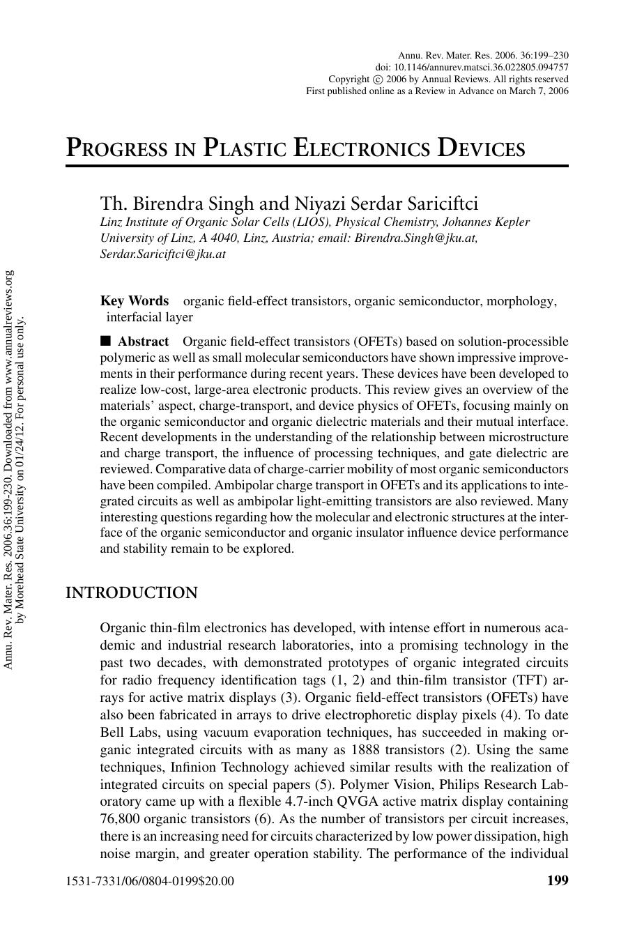 PROGRESS IN PLASTIC ELECTRONICS DEVICES by Th. Birendra Singh & Niyazi Serdar Sariciftci