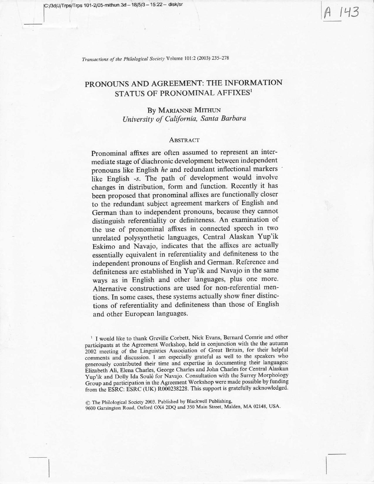 PRONOUNS AND AGREEMENT: THE INFORMATION STATUS OF PRONOMINAL AFFIXES by Marianne Mithun