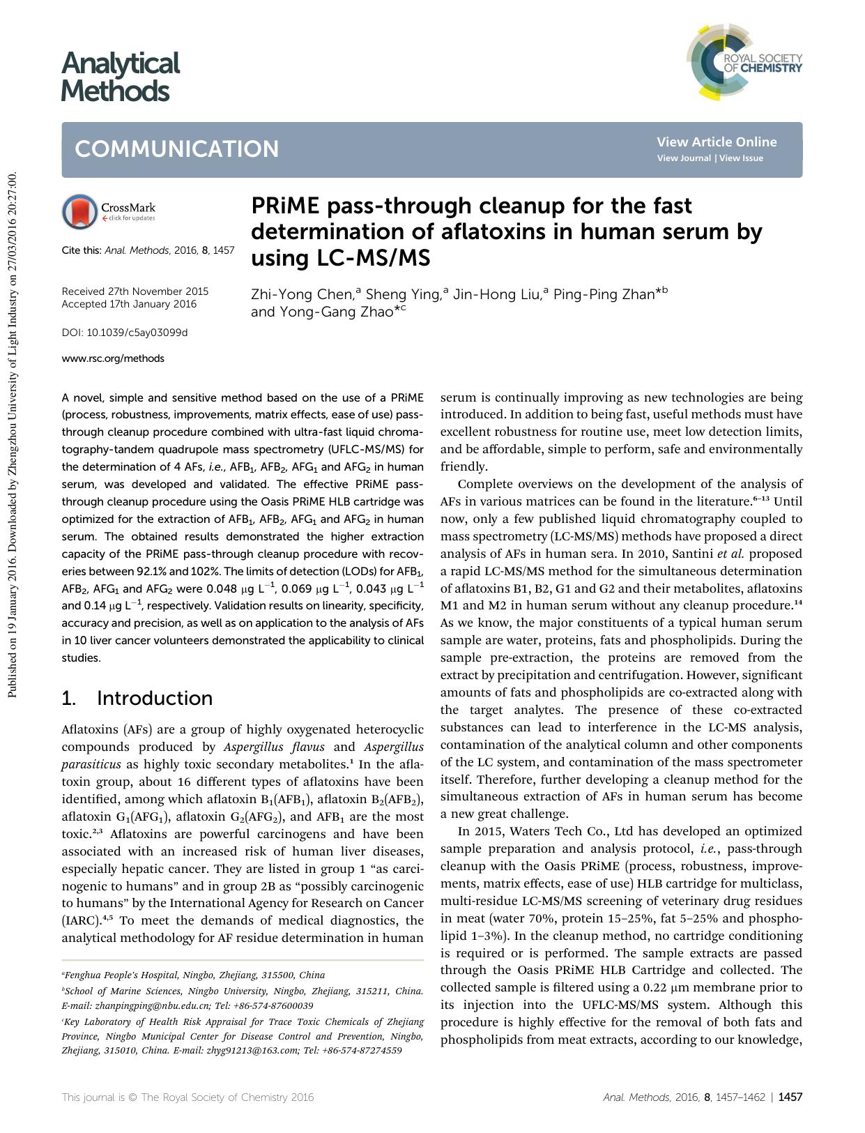 PRiME pass-through cleanup for the fast determination of aflatoxins in human serum by using LC-MSMS by Zhi-Yong Chen & Sheng Ying & Jin-Hong Liu & Ping-Ping Zhan & Yong-Gang Zhao