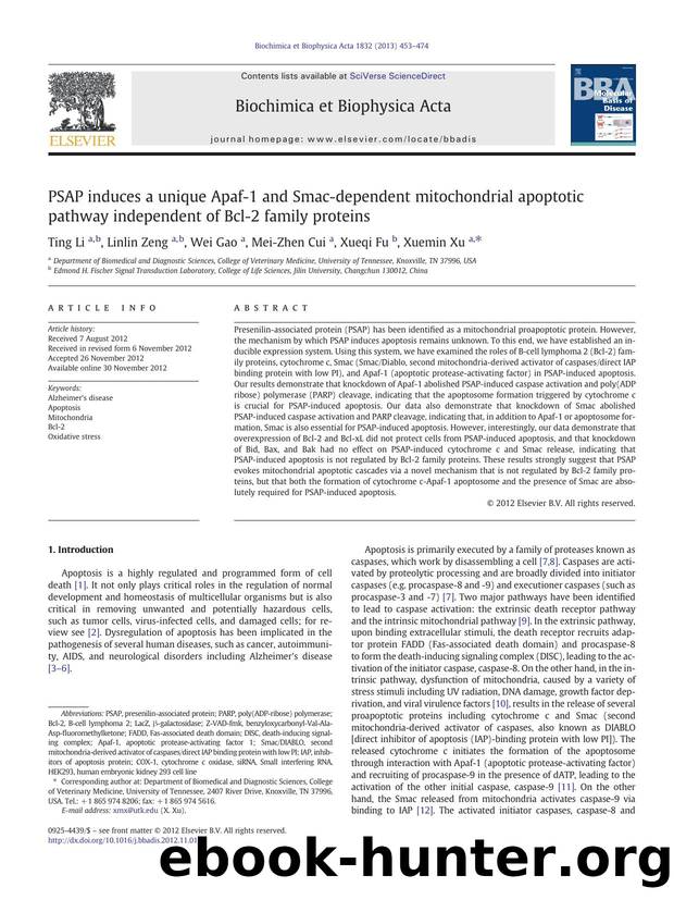 PSAP induces a unique Apaf-1 and Smac-dependent mitochondrial apoptotic pathway independent of Bcl-2 family proteins by Ting Li & Linlin Zeng & Wei Gao & Mei-Zhen Cui & Xueqi Fu & Xuemin Xu