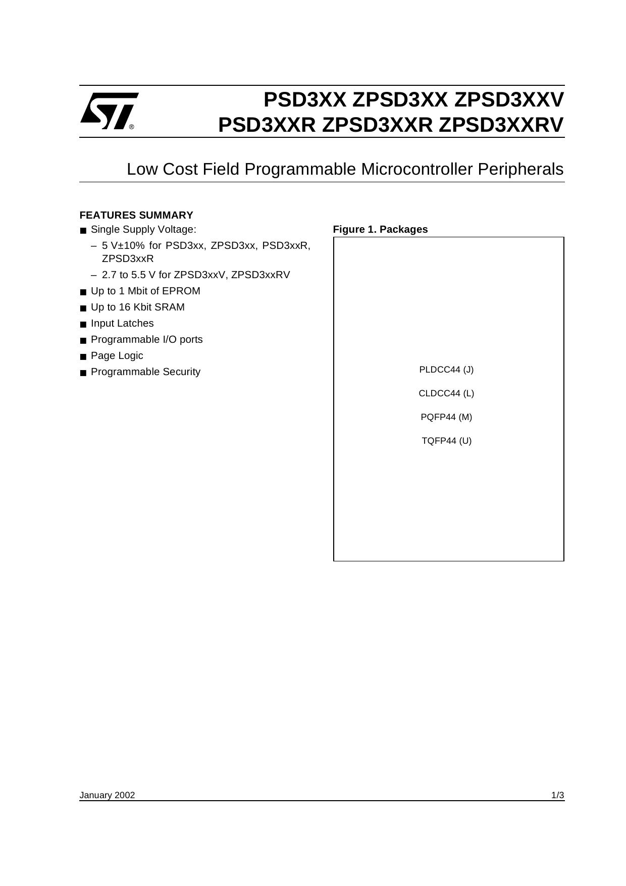 PSD3XXZPSD3XX FAMILY LOW COST MICROCONTROLLER PERIPHERALS by STMicroelectronics
