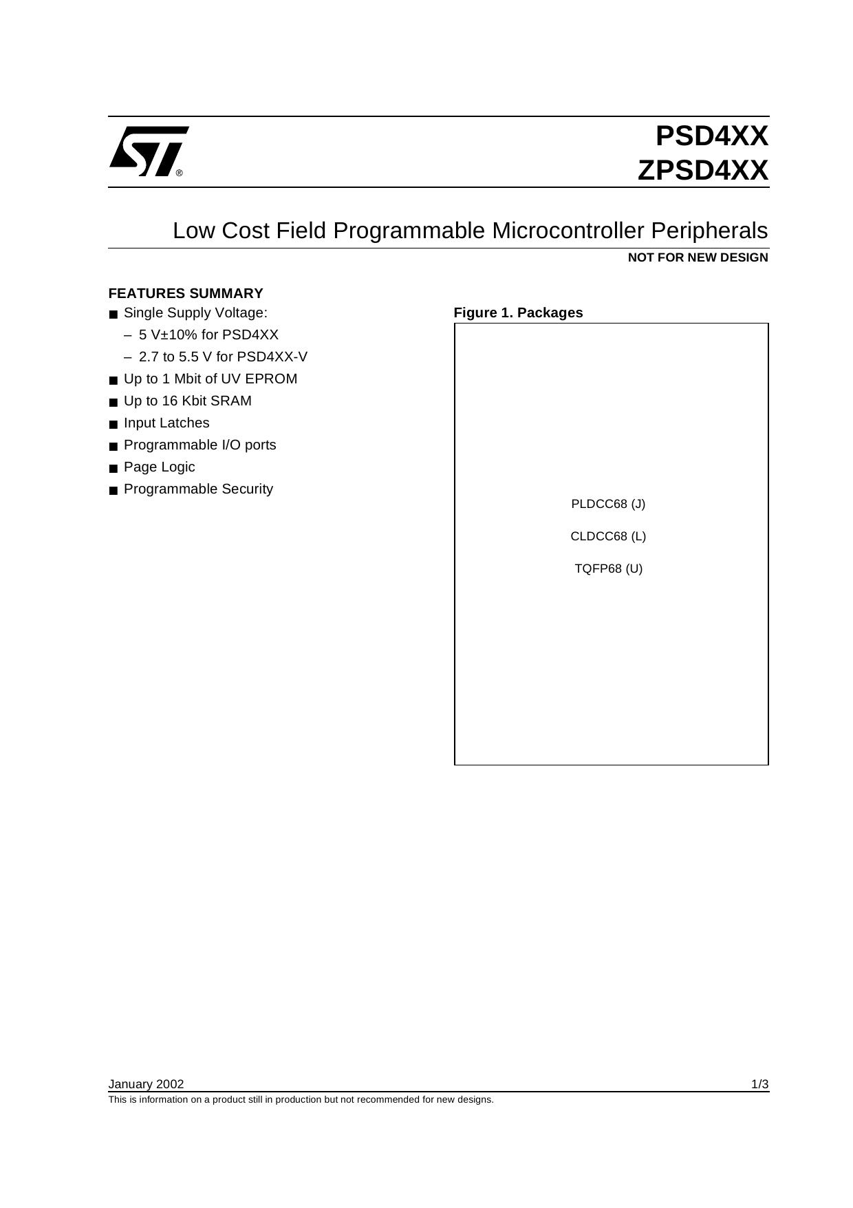 PSD4XXZPSD4XX FAMILY FIELD-PROGRAMMABLE MICROCONTROLLER PERIPHERALS by STMicroelectronics