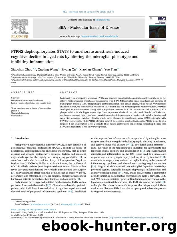 PTPN2 dephosphorylates STAT3 to ameliorate anesthesia-induced cognitive decline in aged rats by altering the microglial phenotype and inhibiting inflammation by Xiaochun Zhao & Xueting Wang & Ziyang Xu & Xiaohan Chang & Yue Tian