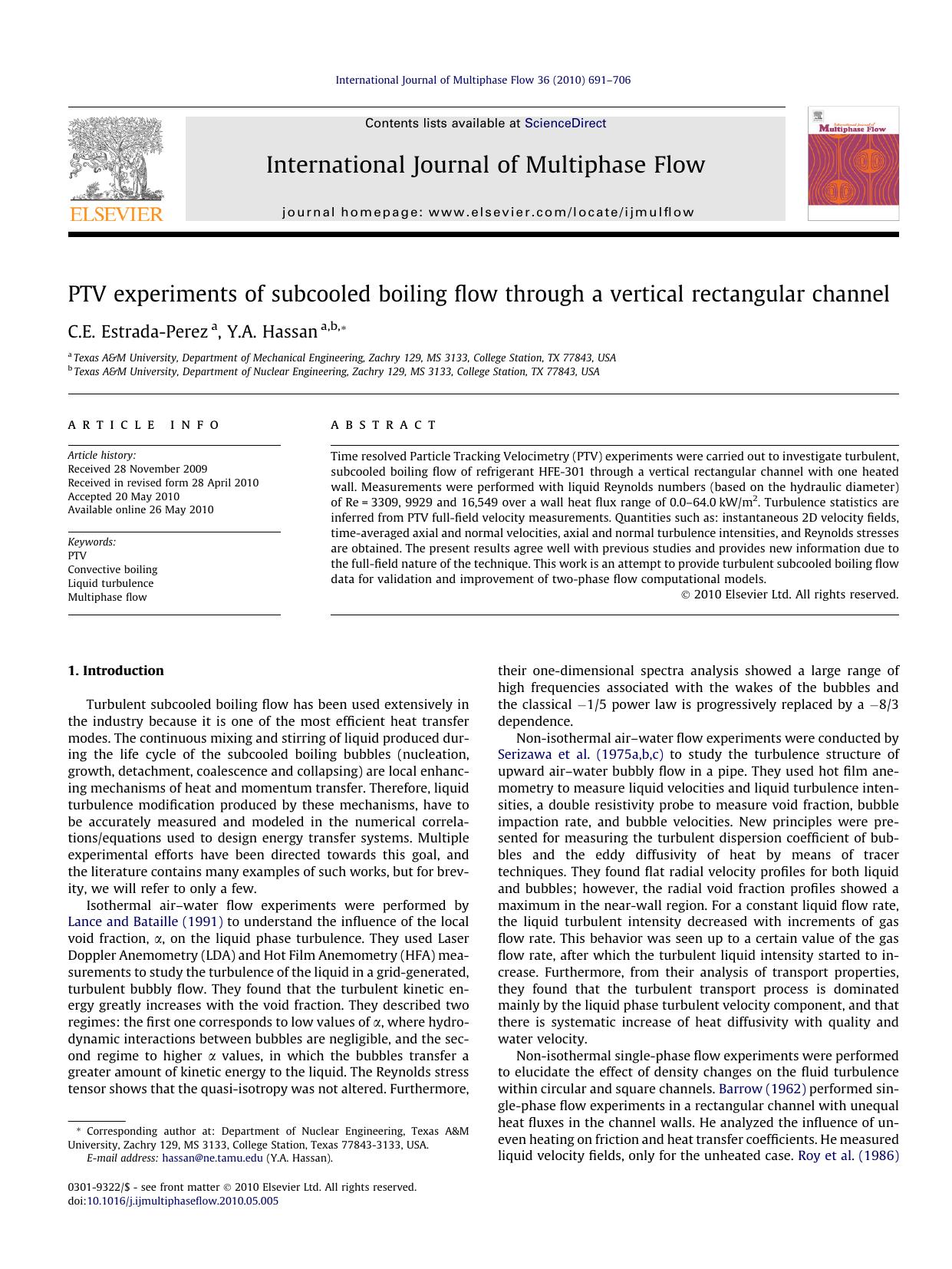 PTV experiments of subcooled boiling flow through a vertical rectangular channel by C.E. Estrada-Perez & Y.A. Hassan
