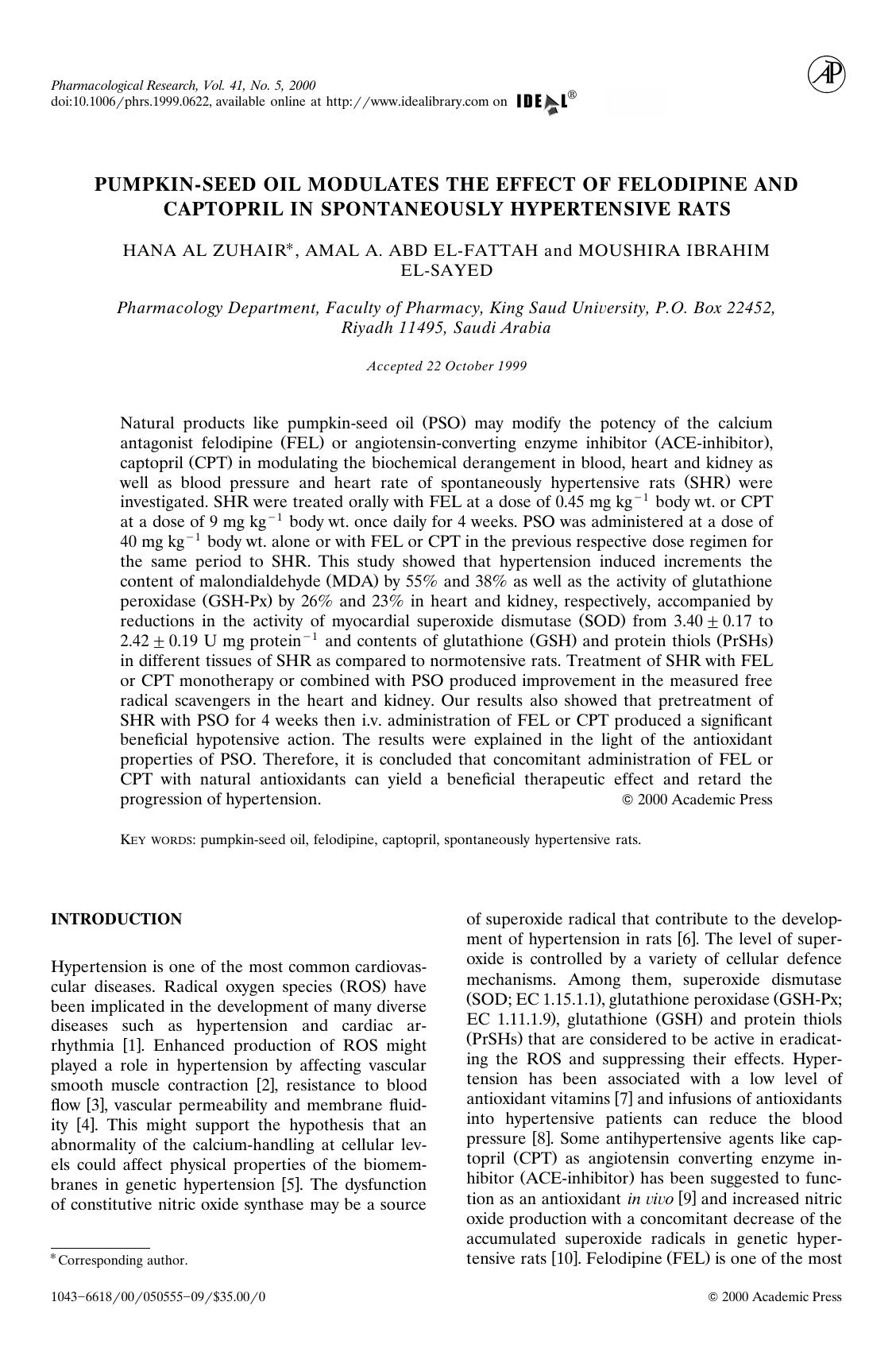 PUMPKIN-SEED OIL MODULATES THE EFFECT OF FELODIPINE AND CAPTOPRIL IN SPONTANEOUSLY HYPERTENSIVE RATS by ZUHAIR H.et al