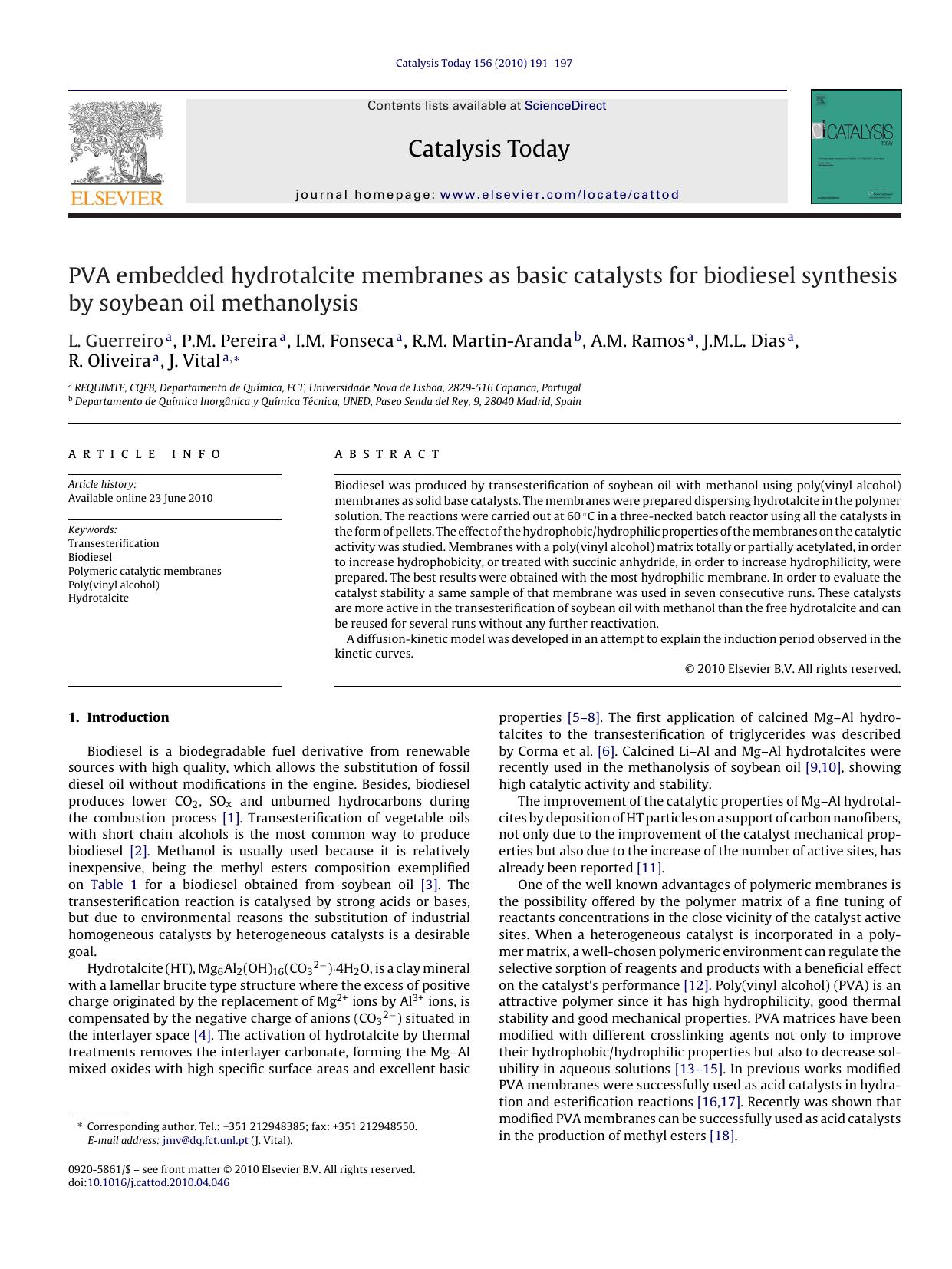 PVA embedded hydrotalcite membranes as basic catalysts for biodiesel synthesis by soybean oil methanolysis by L. Guerreiro