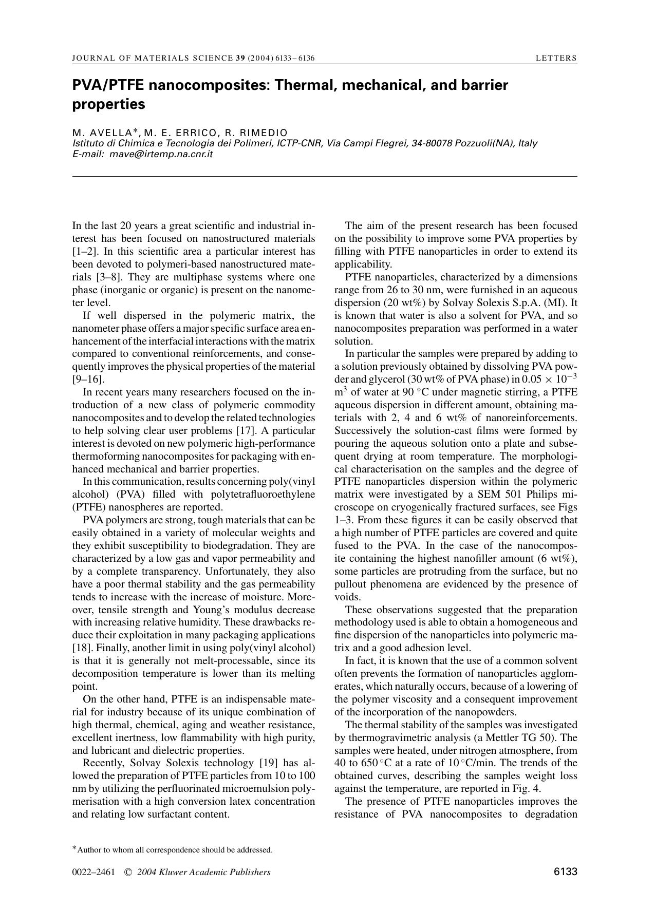 PVAPTFE nanocomposites: Thermal, mechanical, and barrier properties by Unknown
