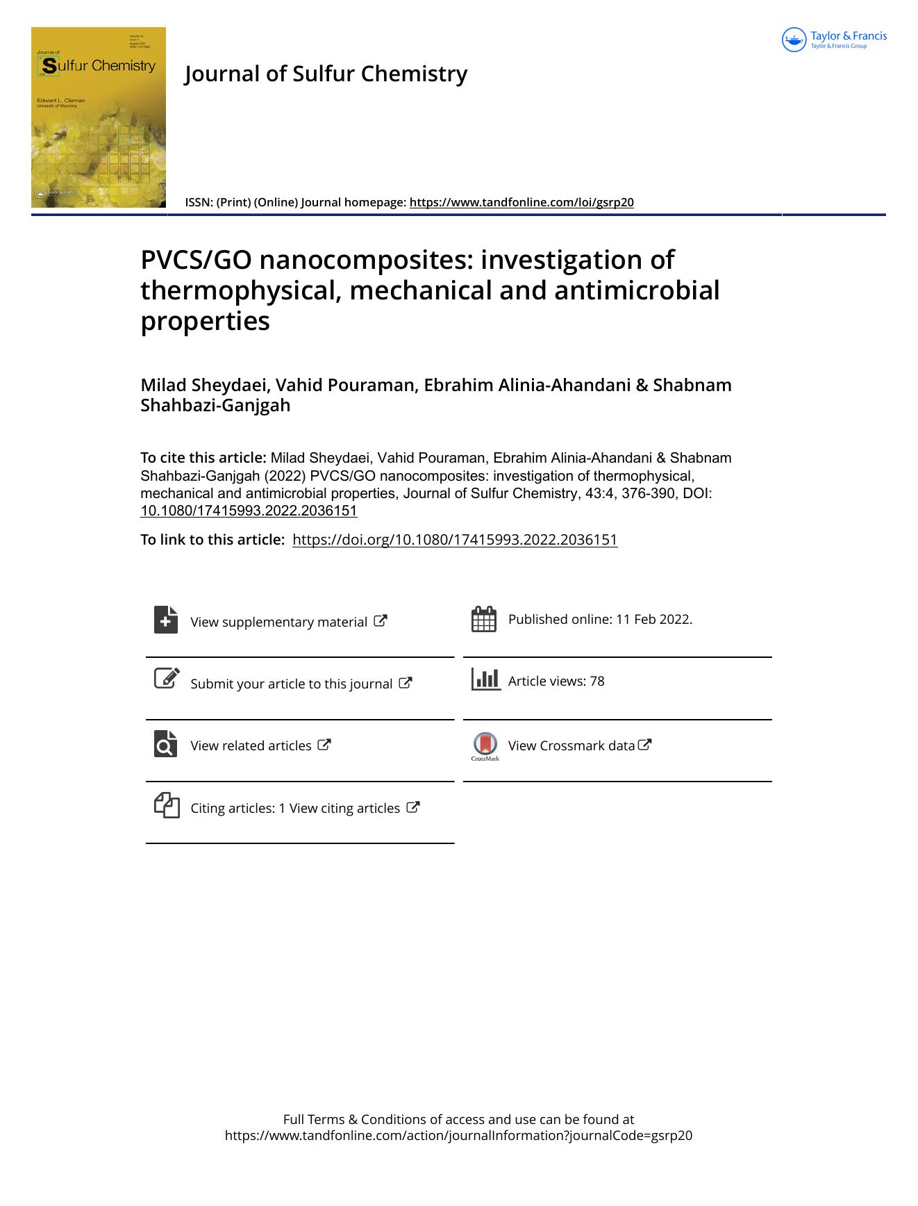PVCSGO nanocomposites: investigation of thermophysical, mechanical and antimicrobial properties by Milad Sheydaei & Vahid Pouraman & Ebrahim Alinia-Ahandani & Shabnam Shahbazi-Ganjgah
