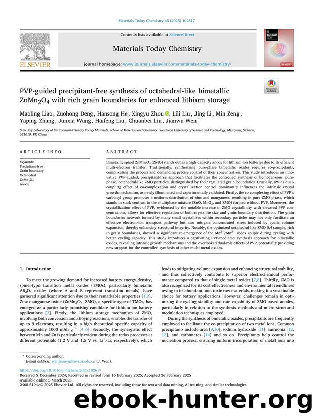 PVP-guided precipitant-free synthesis of octahedral-like bimetallic ZnMn2O4 with rich grain boundaries for enhanced lithium storage by unknow