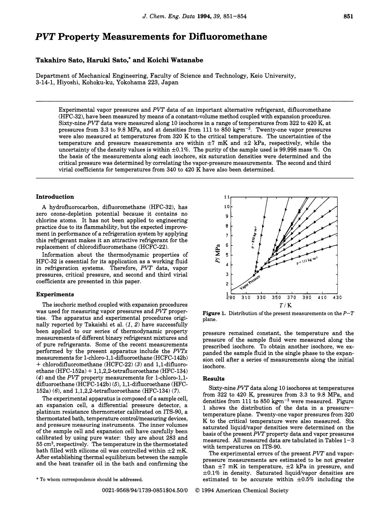 PVT Property Measurements for Difluoromethane by Takahiro Sato Haruki Sato Koichi Watanabe