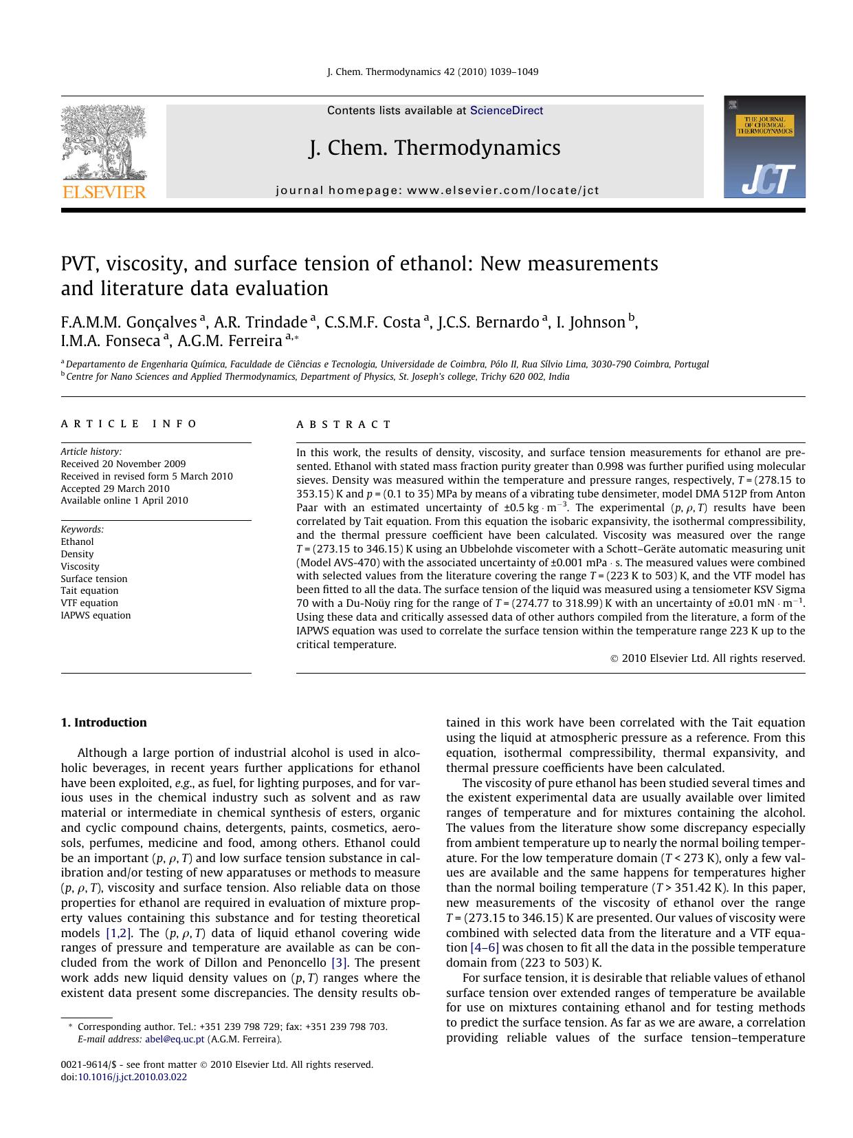 PVT, viscosity, and surface tension of ethanol: New measurements and literature data evaluation by unknow