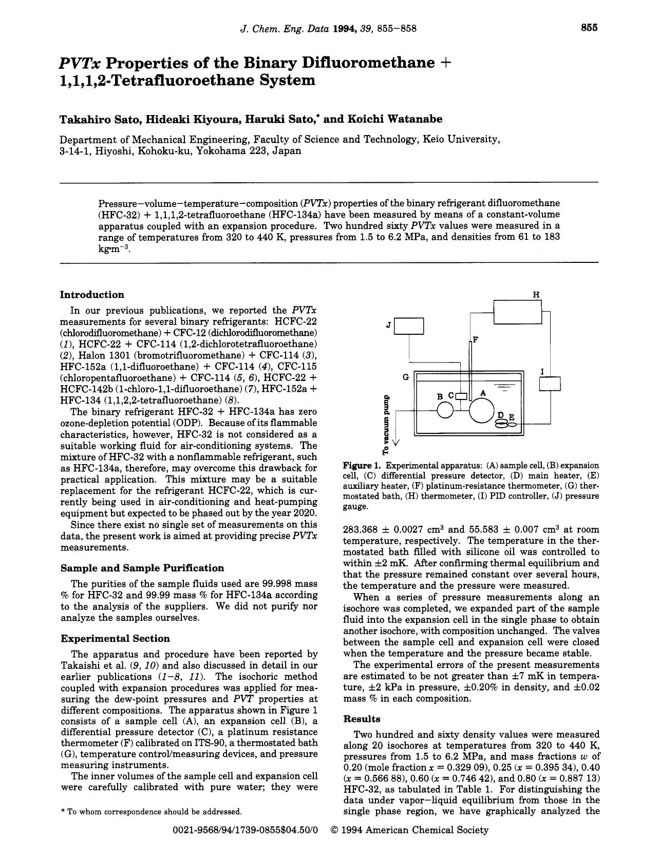 PVTx Properties of the Binary Difluoromethane + 1,1,1,2-Tetrafluoroethane System by Takahiro Sato Hideaki Kiyoura Haruki Sato Koichi Watanabe