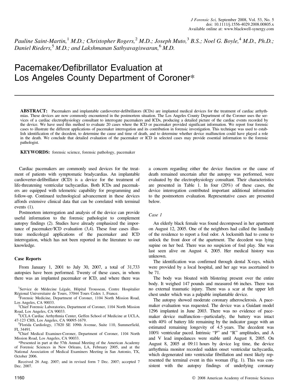 PacemakerDefibrillator Evaluation at Los Angeles County Department of Coroner* by Unknown