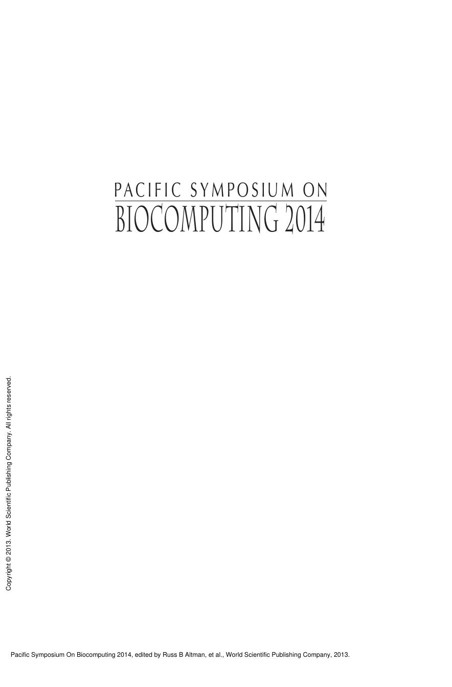 Pacific Symposium On Biocomputing 2014 by Russ B Altman; A Keith Dunker; Lawrence Hunter; Marylyn D Ritchie; Tiffany A Murray; Teri E Klein