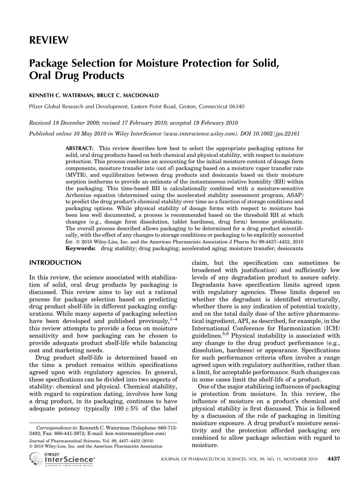 Package selection for moisture protection for solid, oral drug products by Unknown