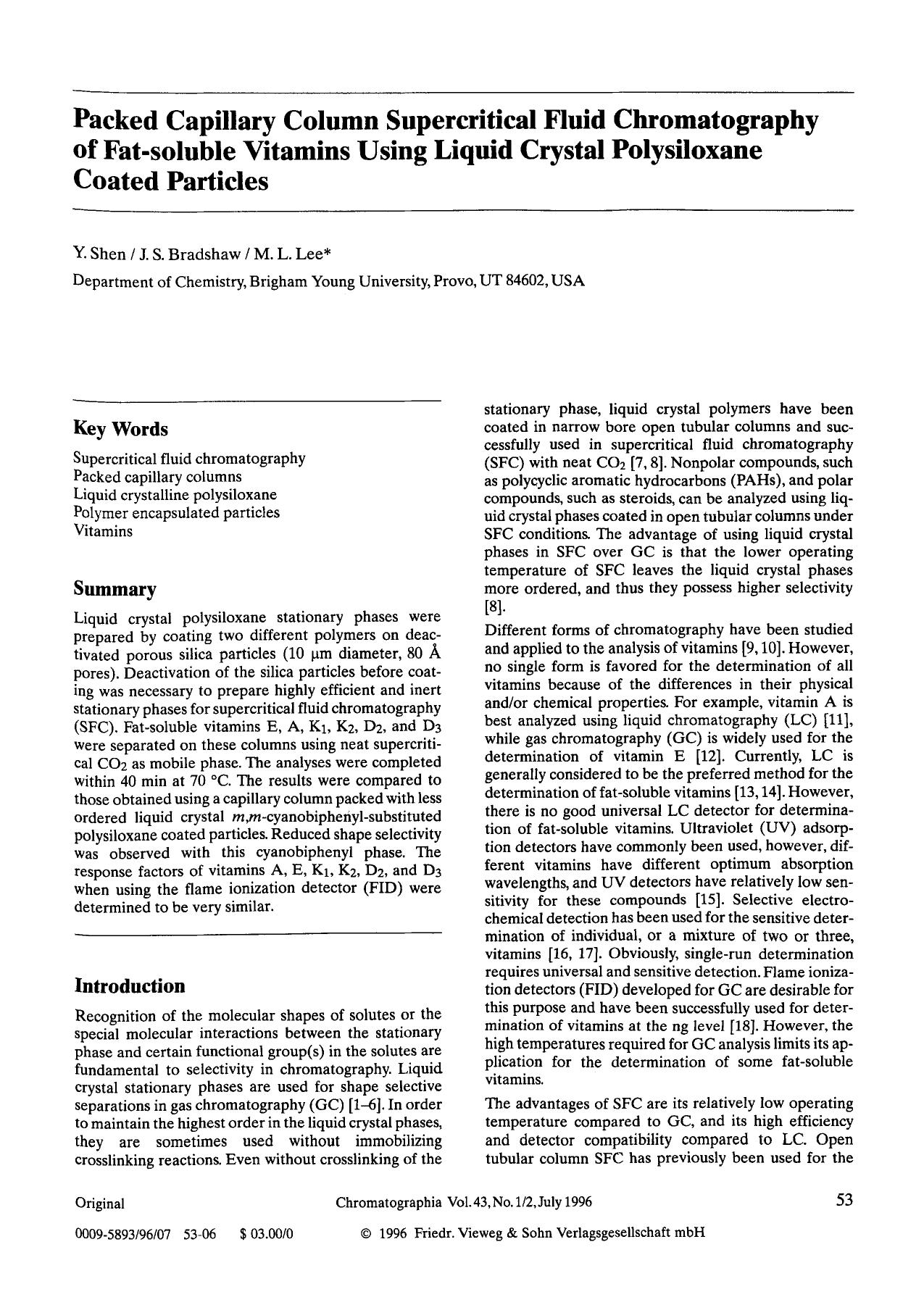 Packed capillary column supercritical fluid chromatography of fat-soluble vitamins using liquid crystal polysiloxane coated particles by Unknown