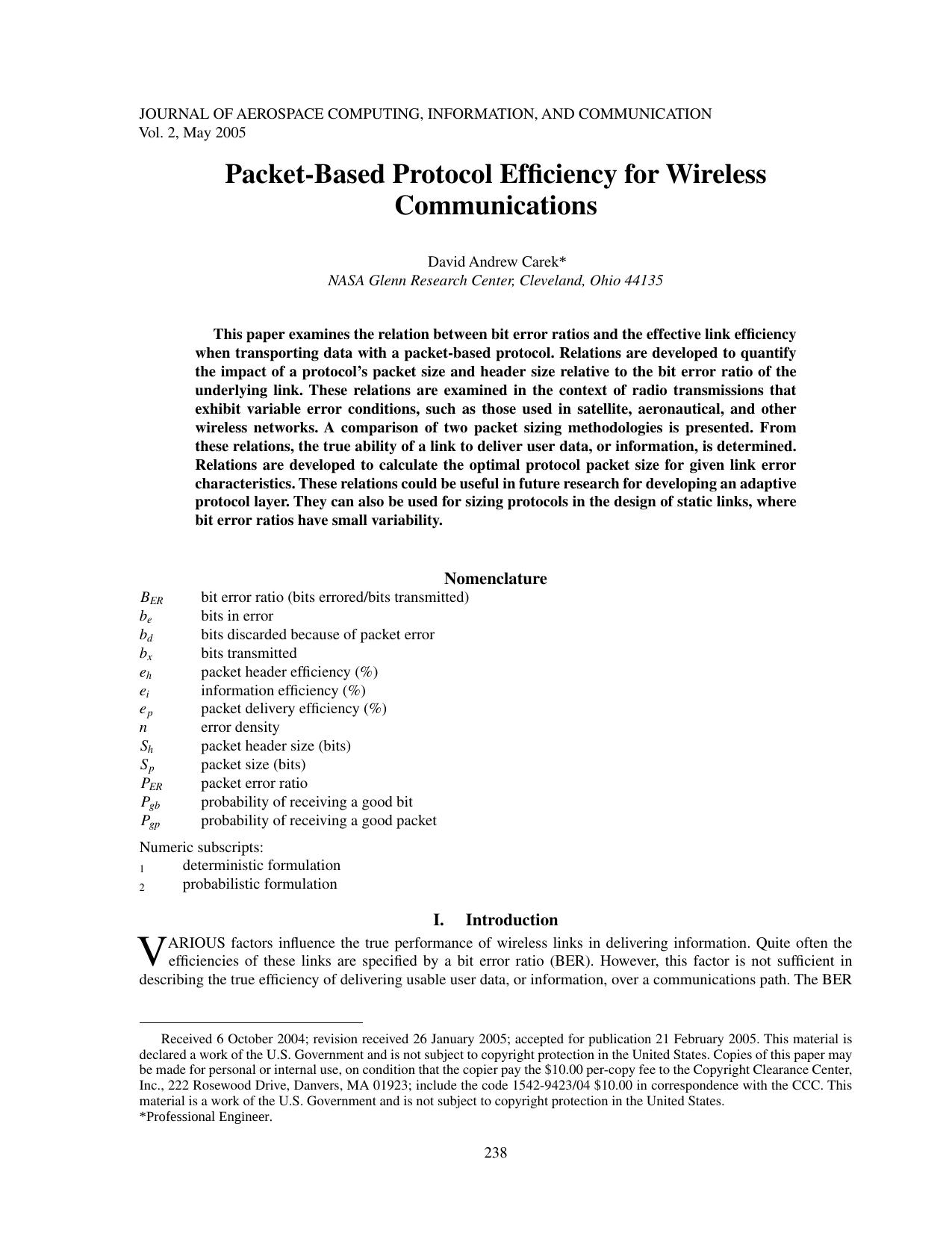 Packet-Based Protocol Efficiency for Wireless Communications by Unknown