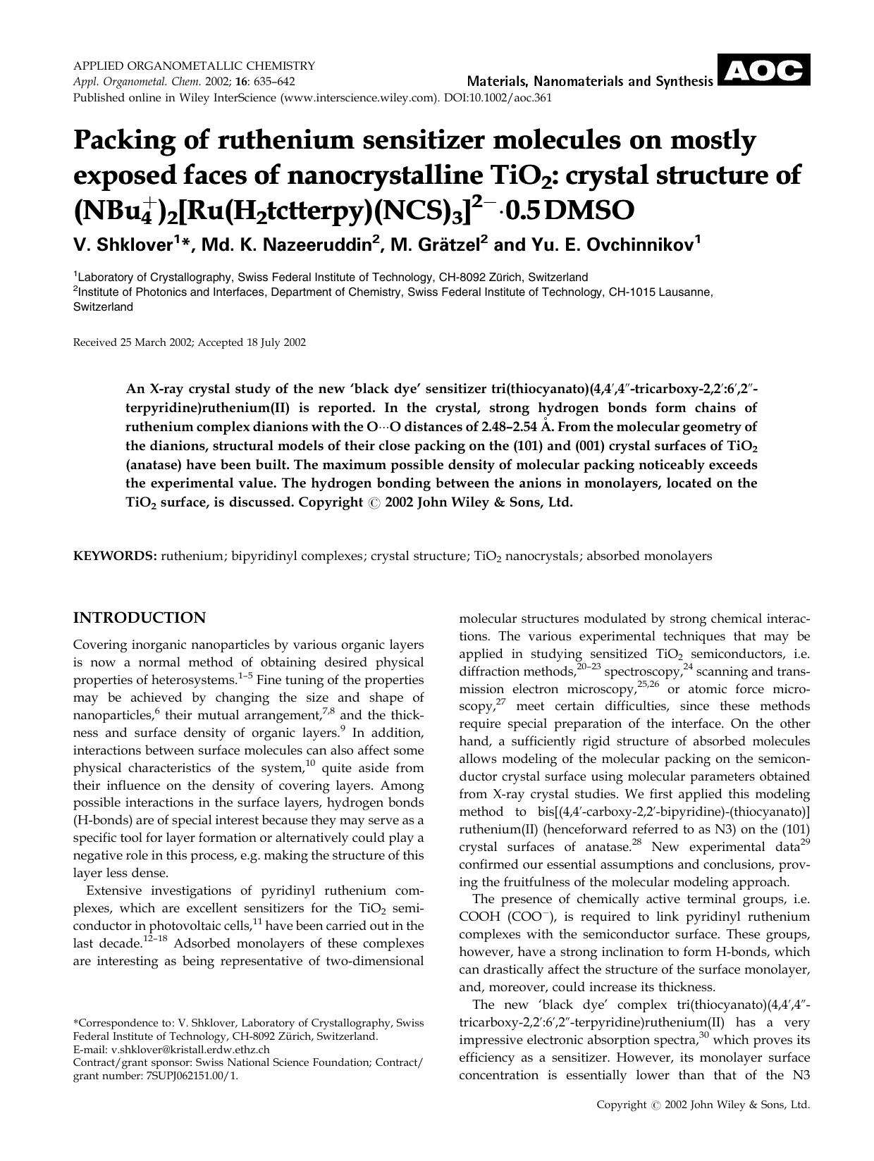 Packing of ruthenium sensitizer molecules on mostly exposed faces of nanocrystalline TiO2: crystal structure of (NBu4+)2[Ru(H2tctterpy)(NCS)3]2[minus]Â·0.5[thinsp]DMSO by Unknown
