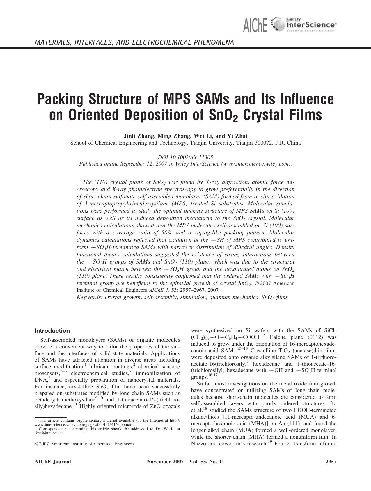 Packing structure of MPS SAMs and its influence on oriented deposition of SnO2 crystal films by Unknown