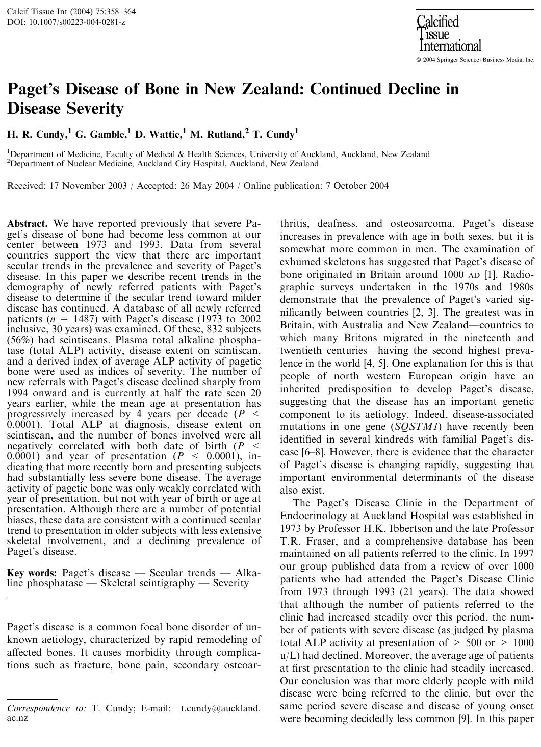 Pagetâs Disease of Bone in New Zealand: Continued Decline in Disease Severity by Cundy H. R. et al