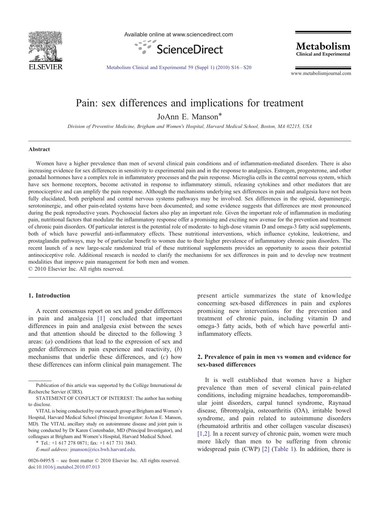 Pain: sex differences and implications for treatment by JoAnn E. Manson