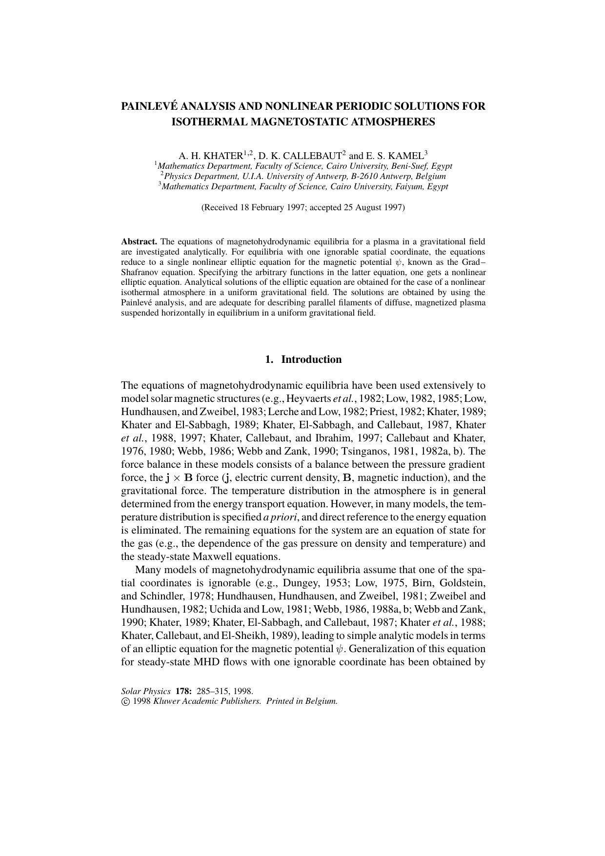 Painlev&#x00E9; Analysis and Nonlinear Periodic Solutions for Isothermal Magnetostatic Atmospheres by Unknown