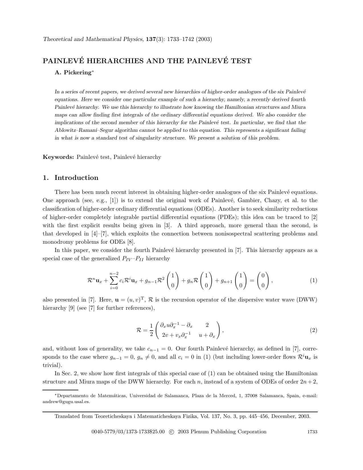 Painlev&#x00E9; Hierarchies and the Painlev&#x00E9; Test by Unknown