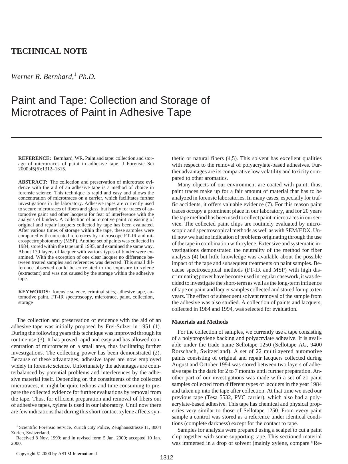 Paint and tape: collection and storage of microtraces of paint in adhesive tape by Bernhard WR
