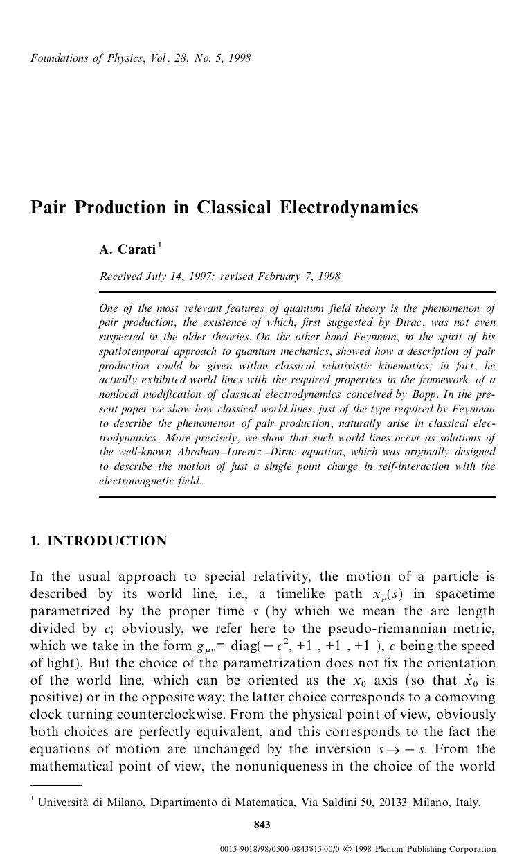 Pair Production in Classical Electrodynamics by Unknown
