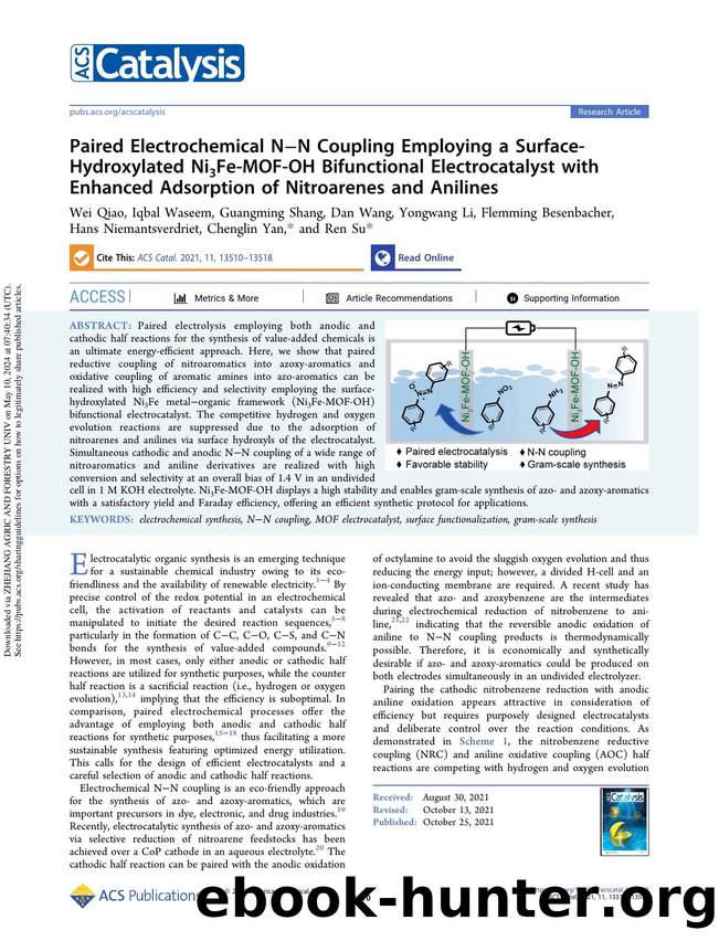 Paired Electrochemical NâN Coupling Employing a Surface-Hydroxylated Ni3Fe-MOF-OH Bifunctional Electrocatalyst with Enhanced Adsorption of Nitroarenes and Anilines by unknow