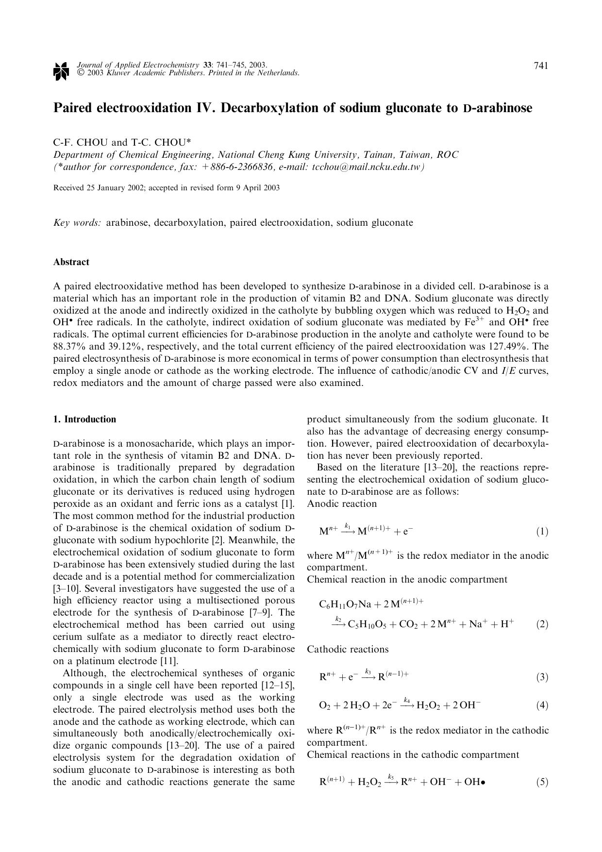 Paired electrooxidation IV. Decarboxylation of sodium gluconate to D-arabinose by Unknown