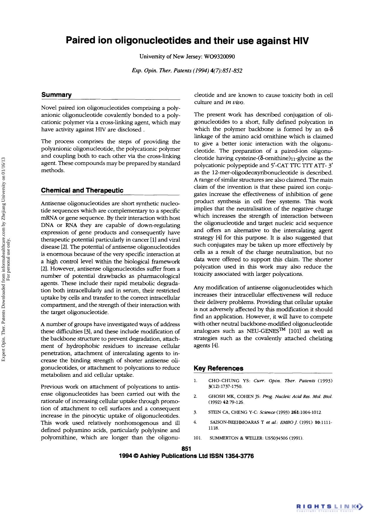 Paired ion oligonucleotides and their use against HIV by Unknown