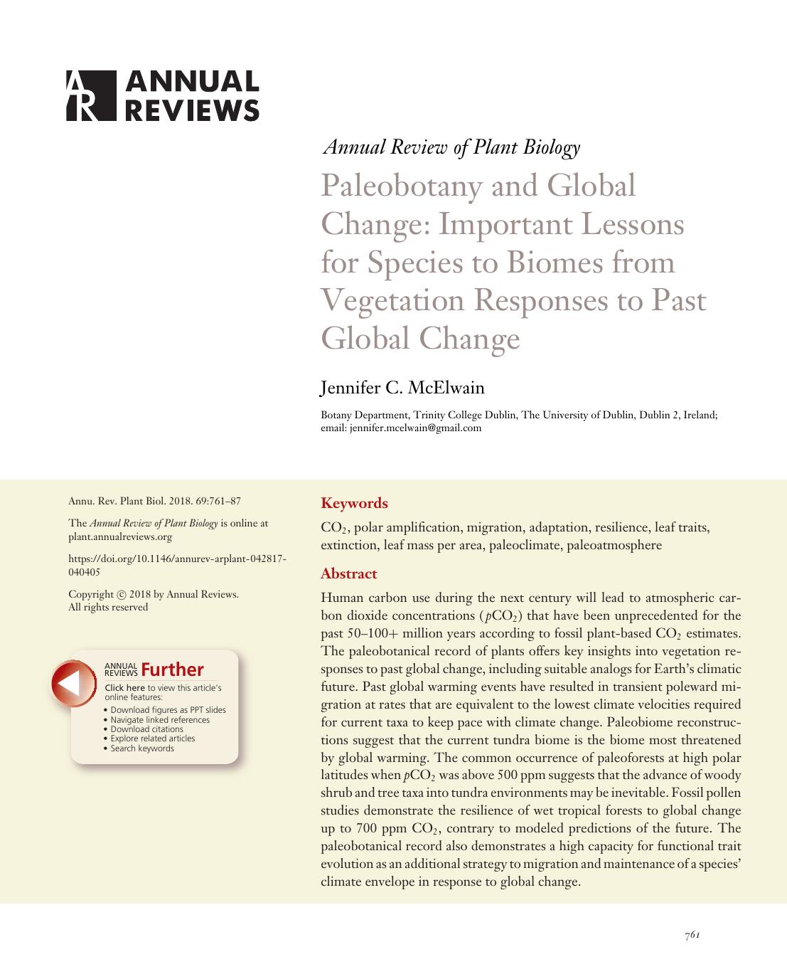 Paleobotany and Global Change: Important Lessons for Species to Biomes from Vegetation Responses to Past Global Change by Jennifer C. McElwain