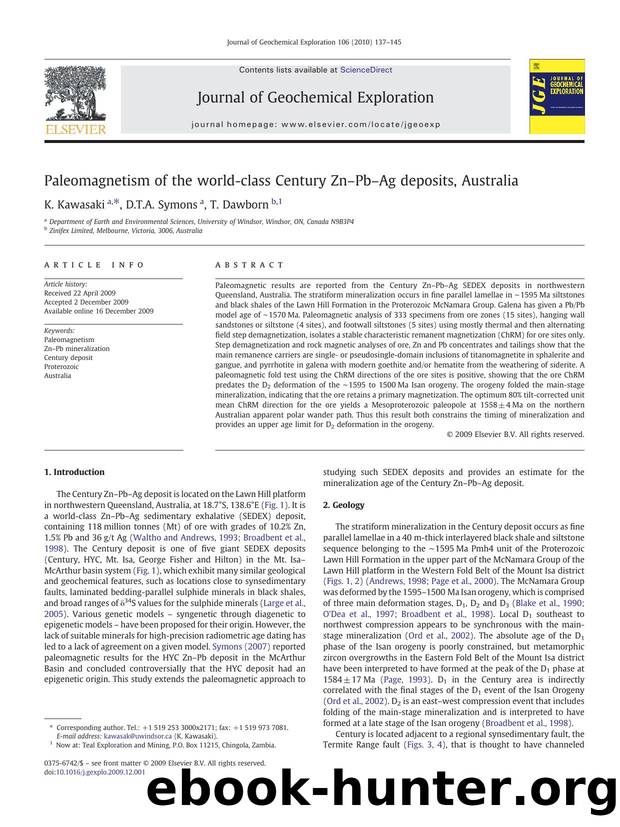 Paleomagnetism of the world-class Century ZnâPbâAg deposits, Australia by K. Kawasaki; D.T.A. Symons; T. Dawborn