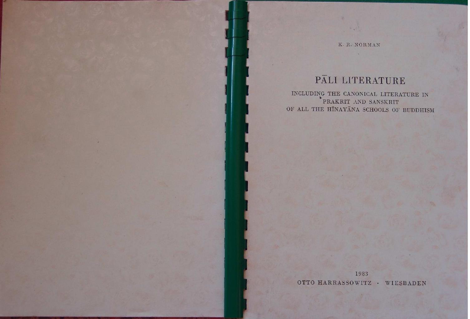 Pali literature: Including the canonical literature in Prakrit and Sanskrit of all the Hinayana schools of Buddhism (A history of Indian literature) by K. R Norman