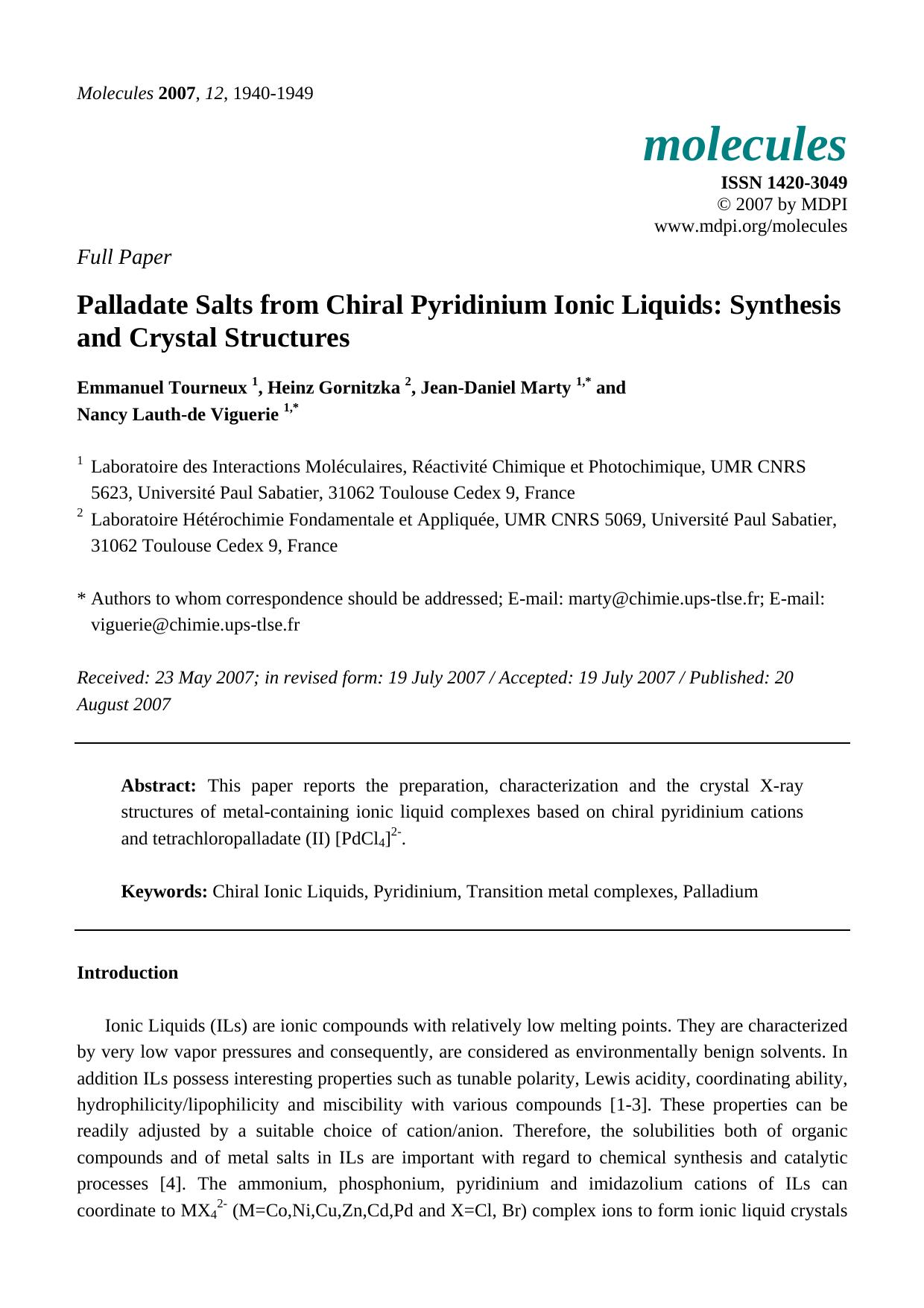 Palladate Salts from Chiral Pyridinium Ionic Liquids: Synthesis and Crystal Structures by Emmanuel Tourneux & Heinz Gornitzka & Jean-Daniel Marty & Nancy Lauth-de Viguerie