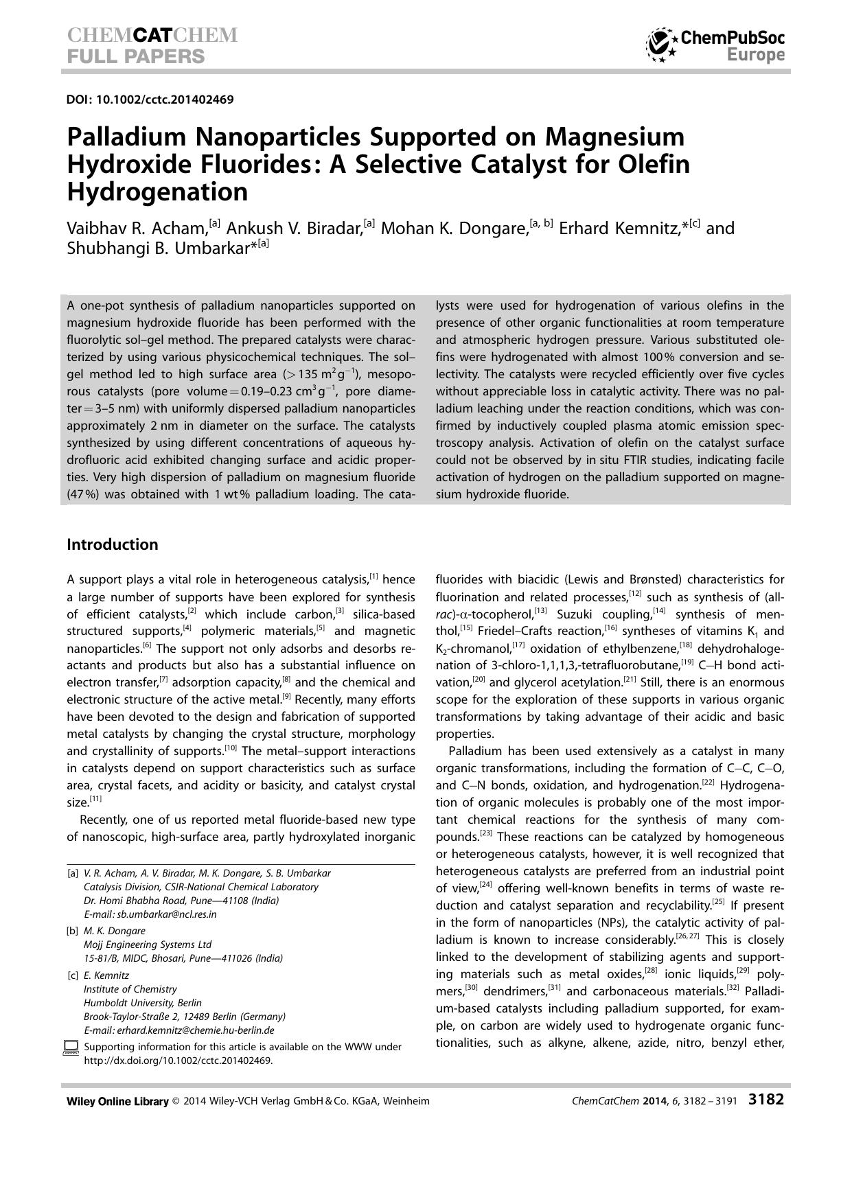 Palladium Nanoparticles Supported on Magnesium Hydroxide Fluorides: A Selective Catalyst for Olefin Hydrogenation by Unknown