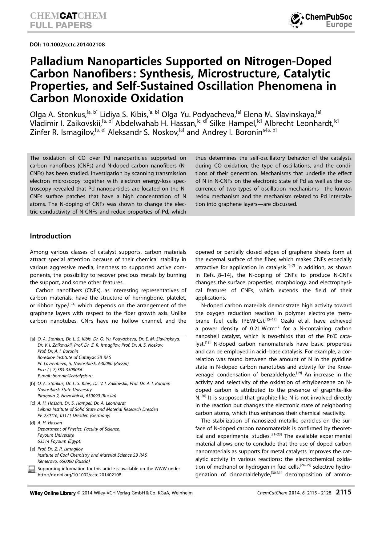 Palladium Nanoparticles Supported on NitrogenDoped Carbon Nanofibers: Synthesis, Microstructure, Catalytic Properties, and SelfSustained Oscillation Phenomena in Carbon Monoxide Oxidation by Unknown