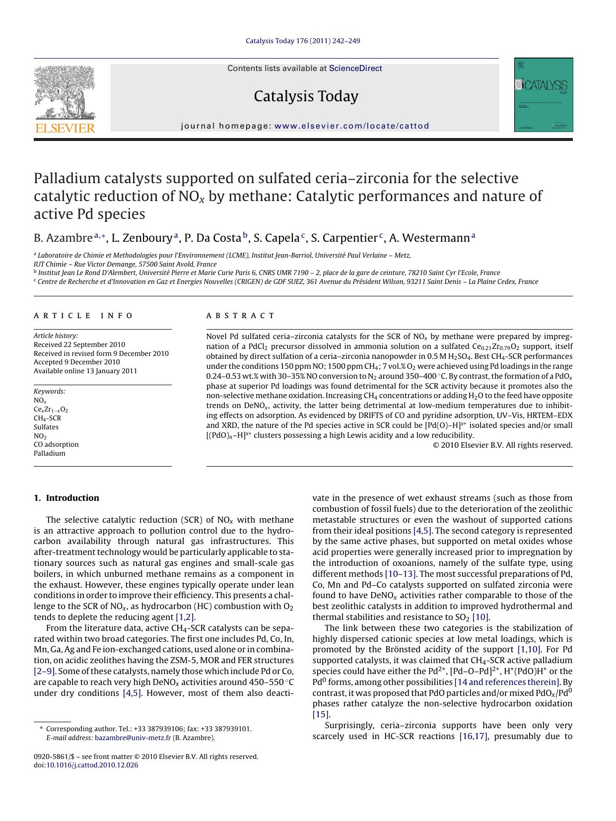 Palladium catalysts supported on sulfated ceriaÃ¢â¬âzirconia for the selective catalytic reduction of NOx by methane: Catalytic performances and nature of active Pd species by B. Azambre