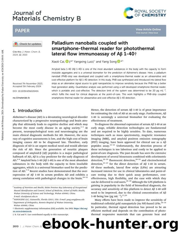 Palladium nanoballs coupled with smartphone-thermal reader for photothermal lateral flow immunoassay of A&#x3B2; 1-40 by Xiaoli Cai & Yangxing Luo & Yang Song