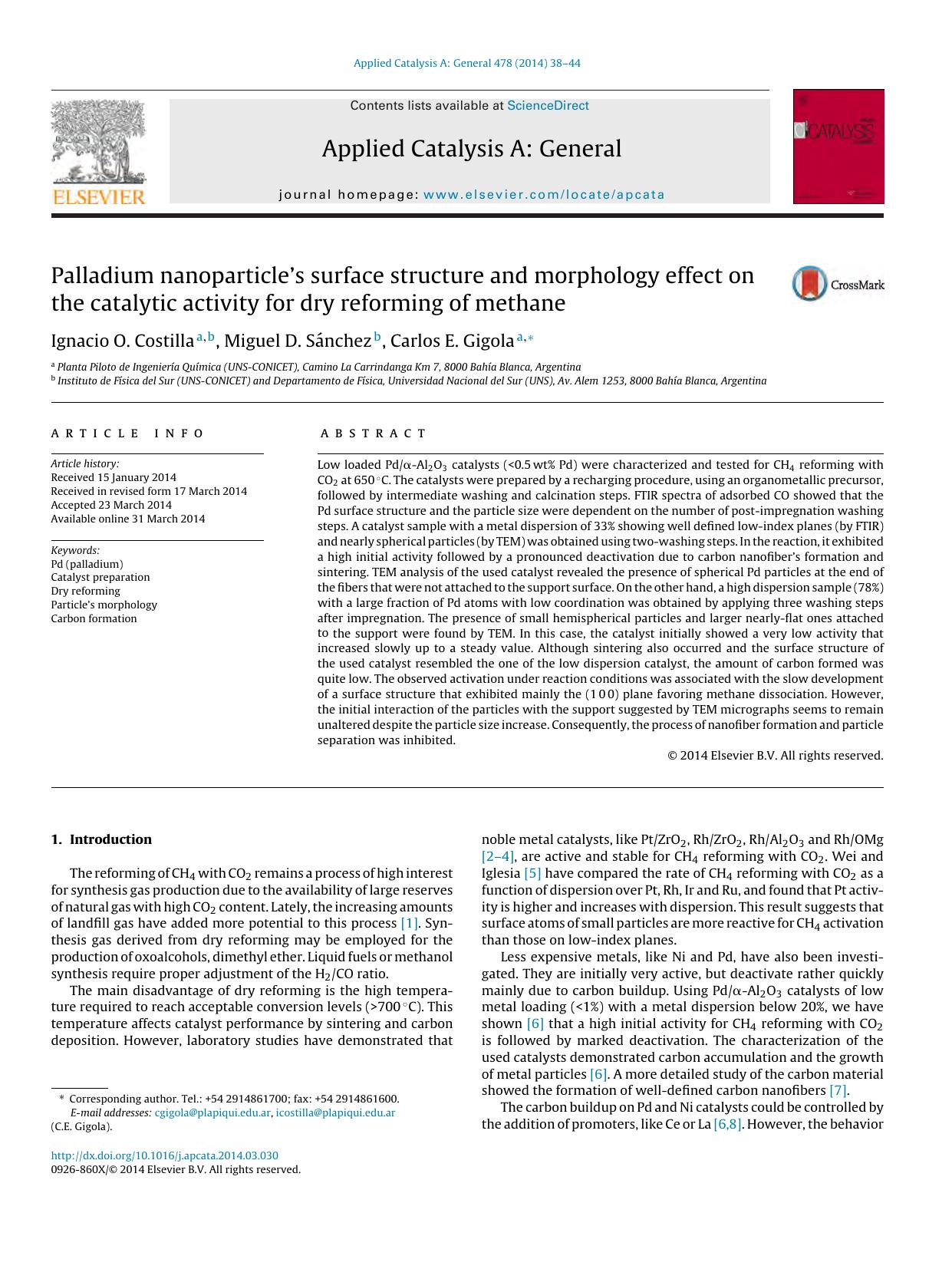 Palladium nanoparticle's surface structure and morphology effect on the catalytic activity for dry reforming of methane by Ignacio O. Costilla & Miguel D. Sánchez & Carlos E. Gigola