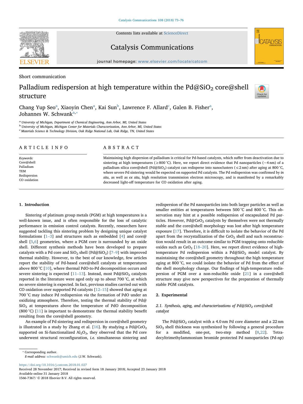 Palladium redispersion at high temperature within the Pd@SiO2 core@shell structure by Chang Yup Seo & Xiaoyin Chen & Kai Sun & Lawrence F. Allard & Galen B. Fisher & Johannes W. Schwank