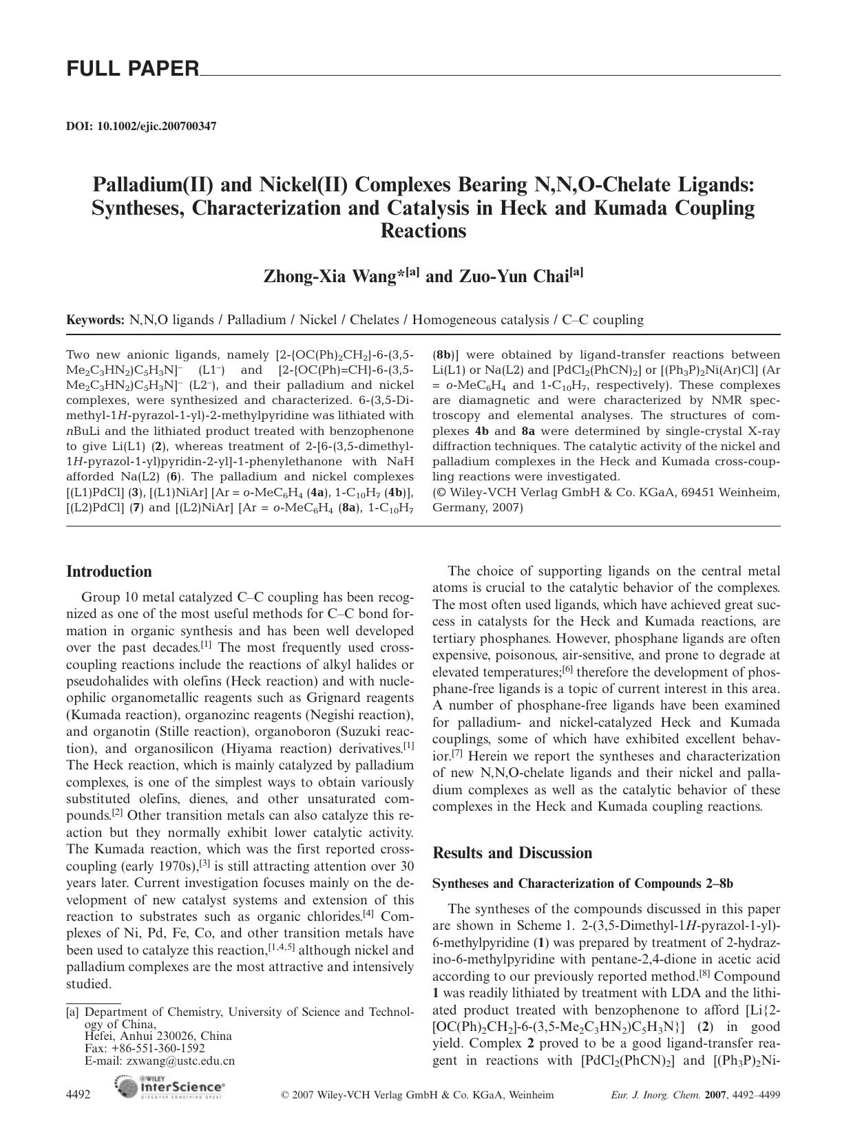 Palladium(II) and Nickel(II) Complexes Bearing N,N,O-Chelate Ligands: Syntheses, Characterization and Catalysis in Heck and Kumada Coupling Reactions by Unknown