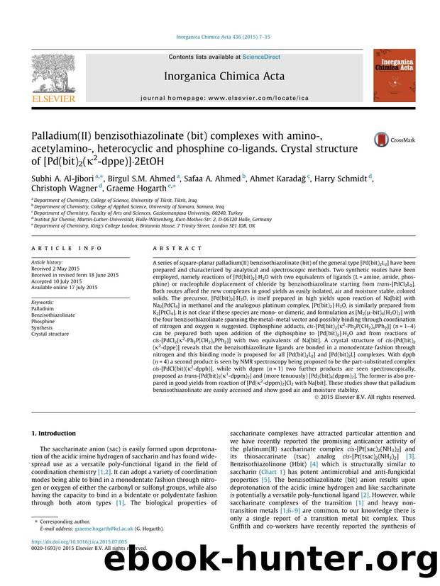 Palladium(II) benzisothiazolinate (bit) complexes with amino-, acetylamino-, heterocyclic and phosphine co-ligands. Crystal structure of [Pd(bit)2(ÃÂº2-dppe)]ÃÂ·2EtOH by unknow