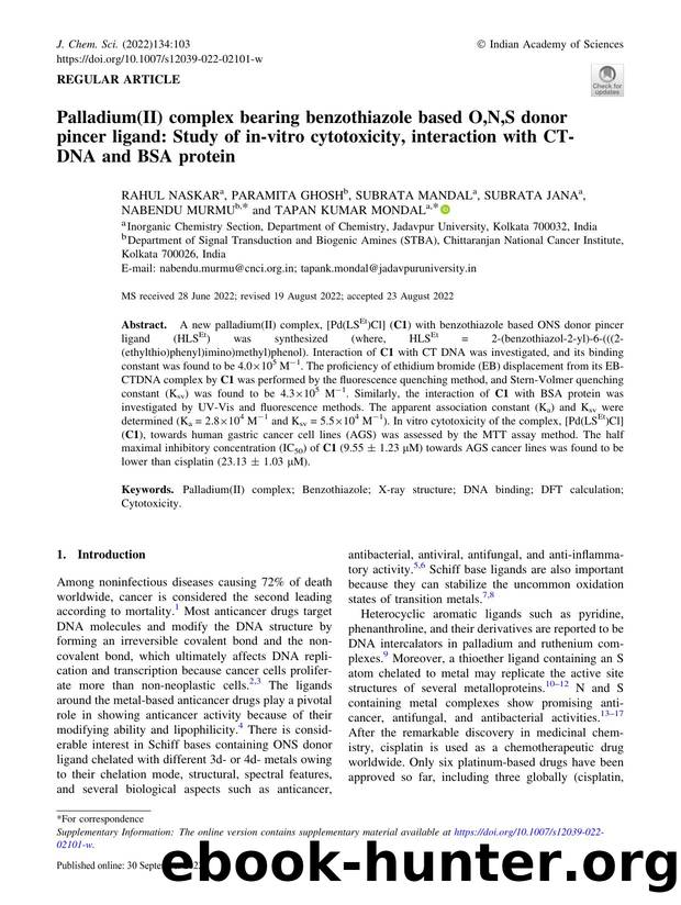 Palladium(II) complex bearing benzothiazole based O,N,S donor pincer ligand: Study of in-vitro cytotoxicity, interaction with CT-DNA and BSA protein by unknow