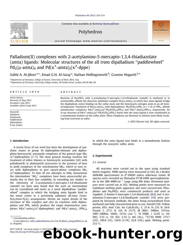 Palladium(II) complexes with 2-acetylamino-5-mercapto-1,3,4-thiadiazolate (amta) ligands: Molecular structures of the all trans dipalladium Ã¢â¬ÅpaddlewheelÃ¢â¬â¢ Pd2(ÃÂ¼-amta by Subhi A. Al-Jibori & Emad G.H. Al-Saraj & Nathan Hollingsworth & Graeme Hogarth