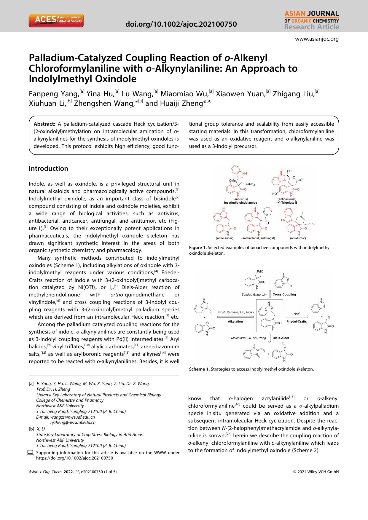 PalladiumâCatalyzed Coupling Reaction of oâAlkenyl Chloroformylaniline with oâAlkynylaniline: An Approach to Indolylmethyl Oxindole by Unknown