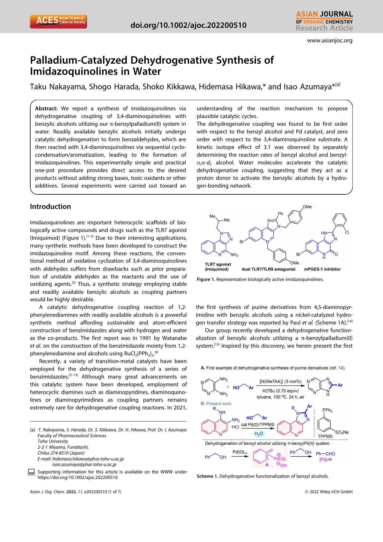 PalladiumâCatalyzed Dehydrogenative Synthesis of Imidazoquinolines in Water by Unknown