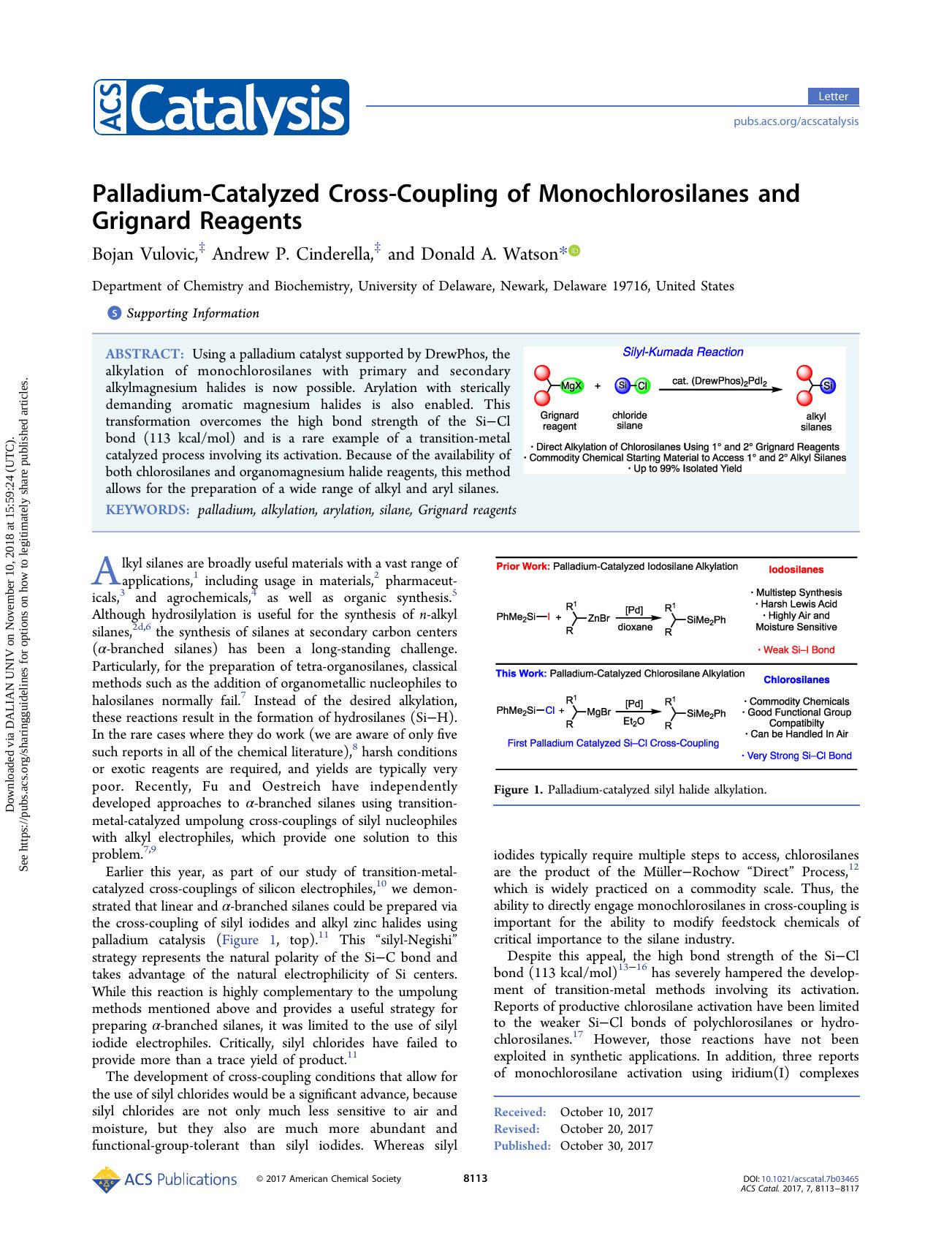 Palladium-Catalyzed Cross-Coupling of Monochlorosilanes and Grignard Reagents by Bojan Vulovic Andrew P. Cinderella & Donald A. Watson